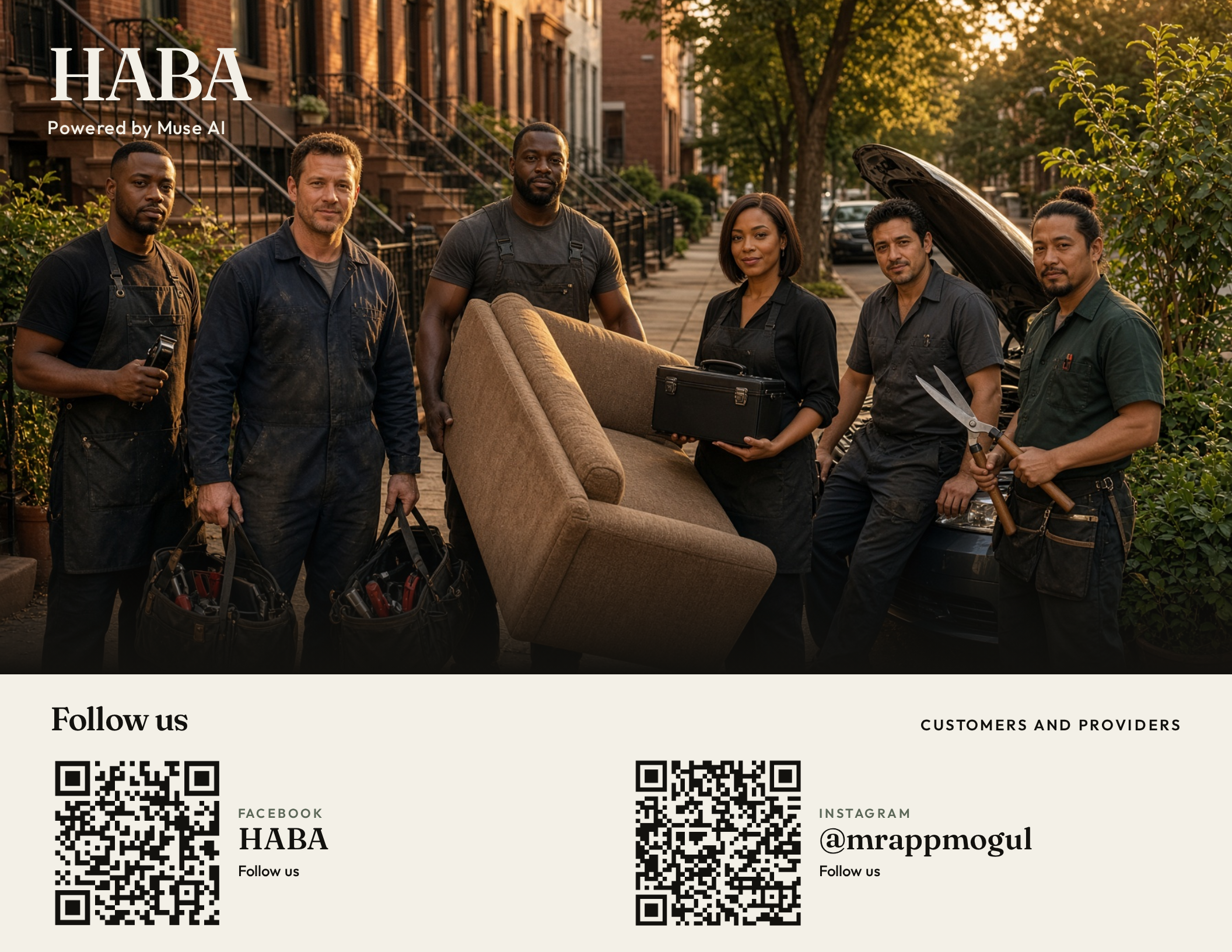 HABA flyer powered by Muse, with Facebook and Instagram codes